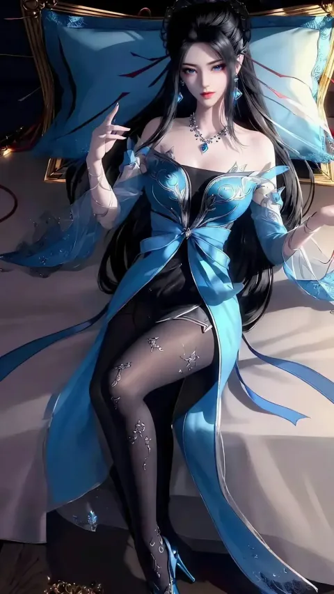 有一个女人坐在床上，穿着蓝色的裙子