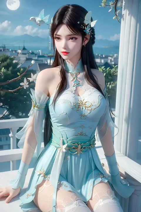 阿拉夫 身穿蓝色连衣裙的亚洲女人坐在阳台上