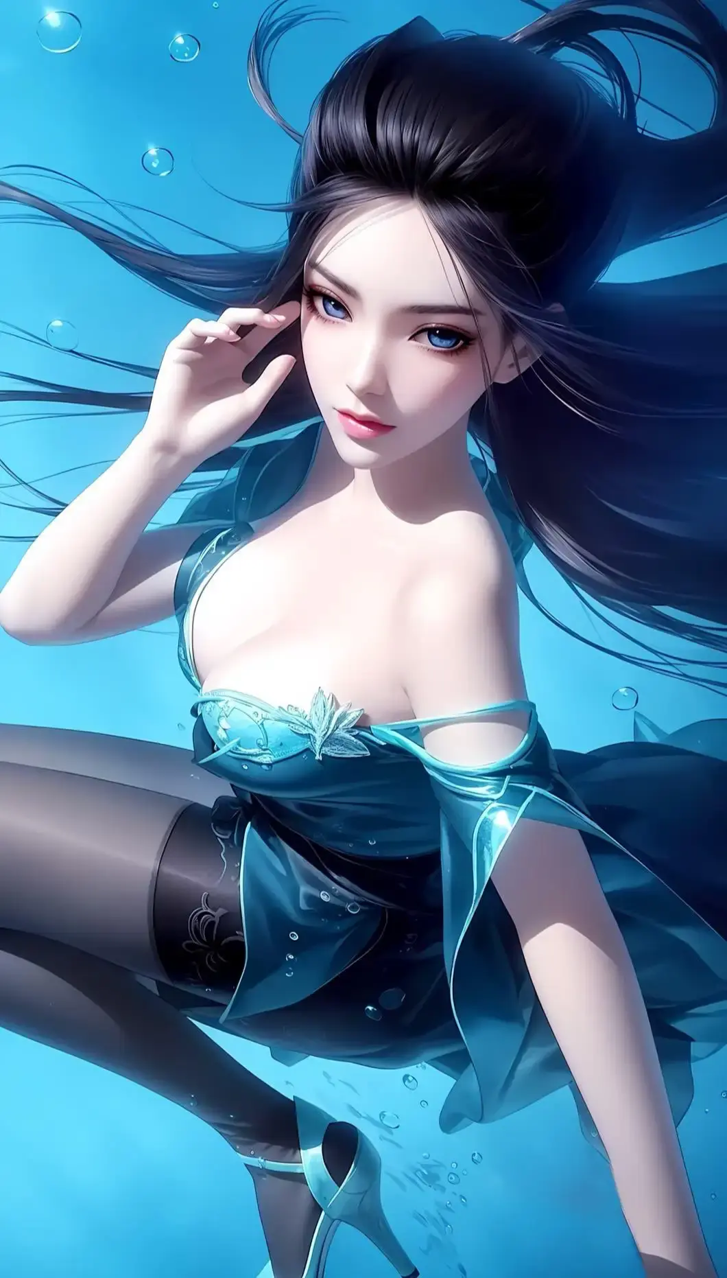 一个穿着蓝色连衣裙的女人漂浮在水中