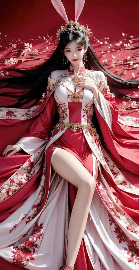一个穿着红白连衣裙的女人的特写