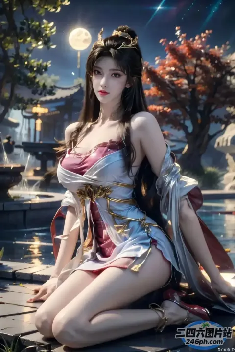 一个穿着裙子的女人坐在池塘边的石台上