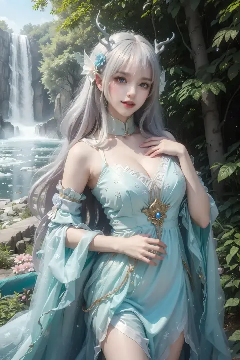 瀑布附近穿着裙子的女人的特写