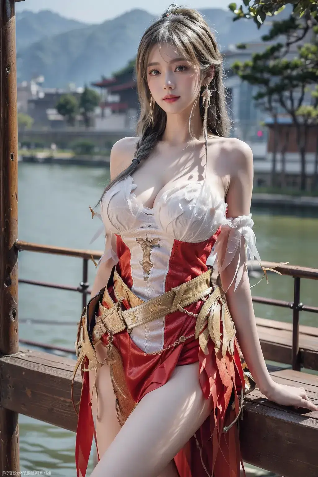 一个穿着紧身胸衣的女人在木甲板上摆姿势