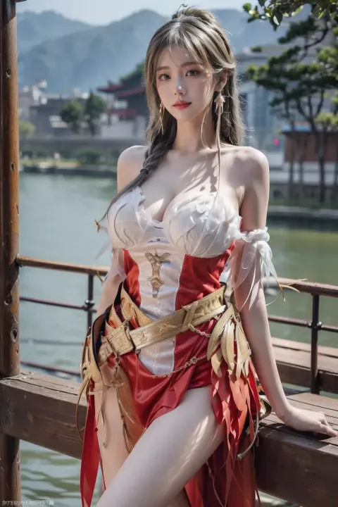 一个穿着紧身胸衣的女人在木甲板上摆姿势