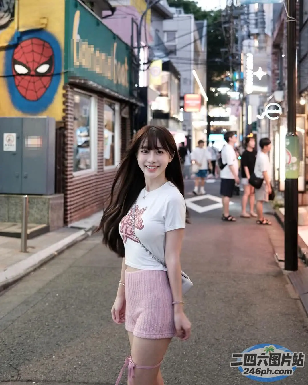 站在街上的短裙白衬衫的 araffe 女子