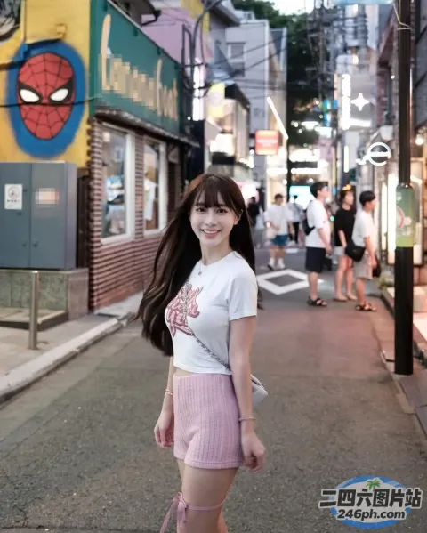 站在街上的短裙白衬衫的 araffe 女子