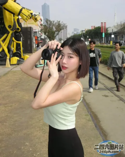 女子在人行道上为一名男子用相机拍照