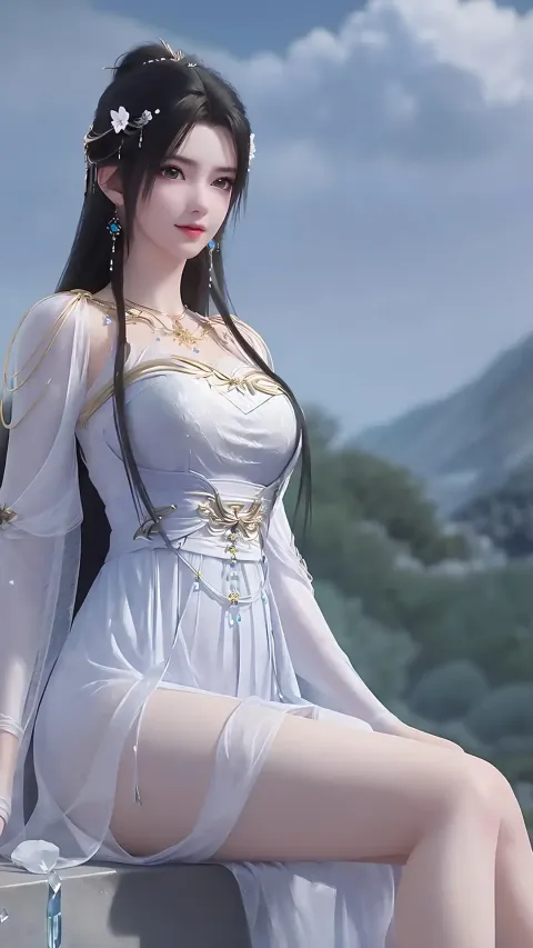 阿拉夫 坐在壁架上的白色连衣裙亚洲女人