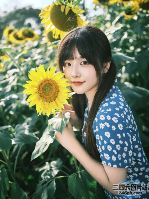 田野里有个女人拿着一朵向日葵