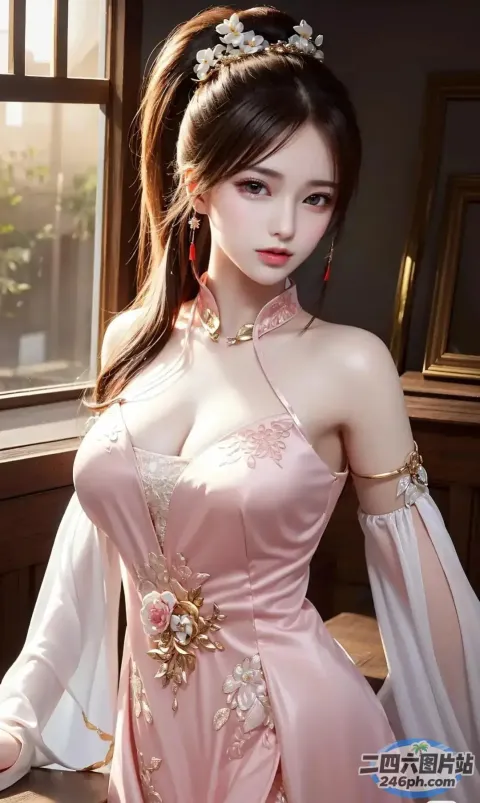 一个穿着粉红色连衣裙摆姿势拍照的女人的特写
