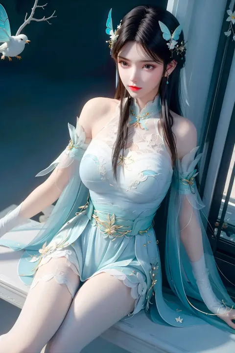 有一个女人穿着蓝色连衣裙坐在窗台上