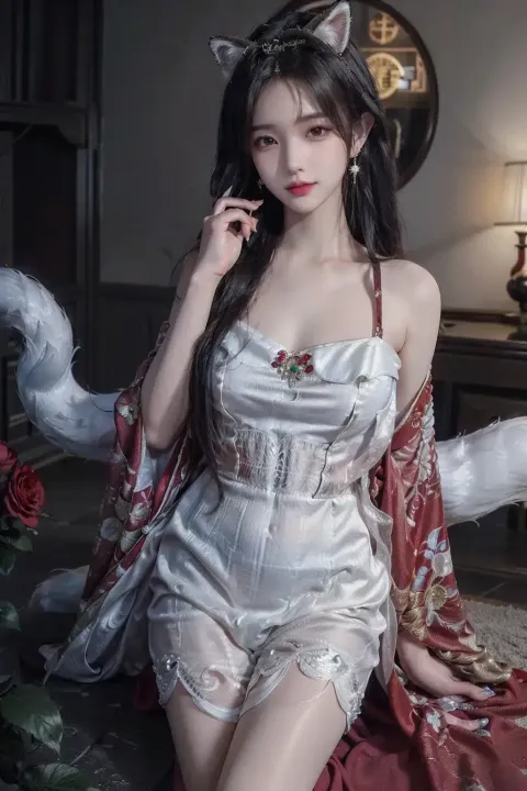一个穿着白色连衣裙、戴着猫耳朵的女人的特写