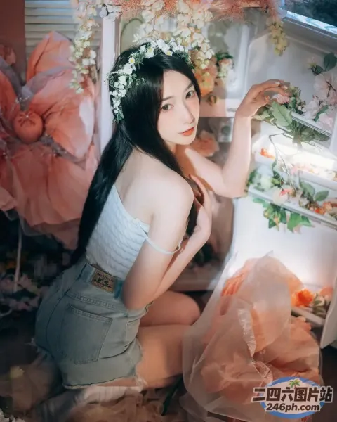 冰箱前的地板上坐着一个女人