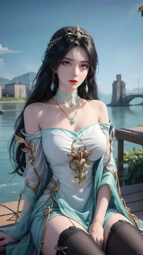 一个穿着裙子的女人坐在水体旁边的码头上