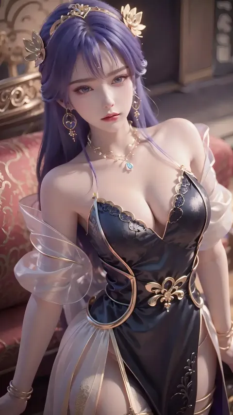 一个穿着紫色头发的裙子的女人的特写