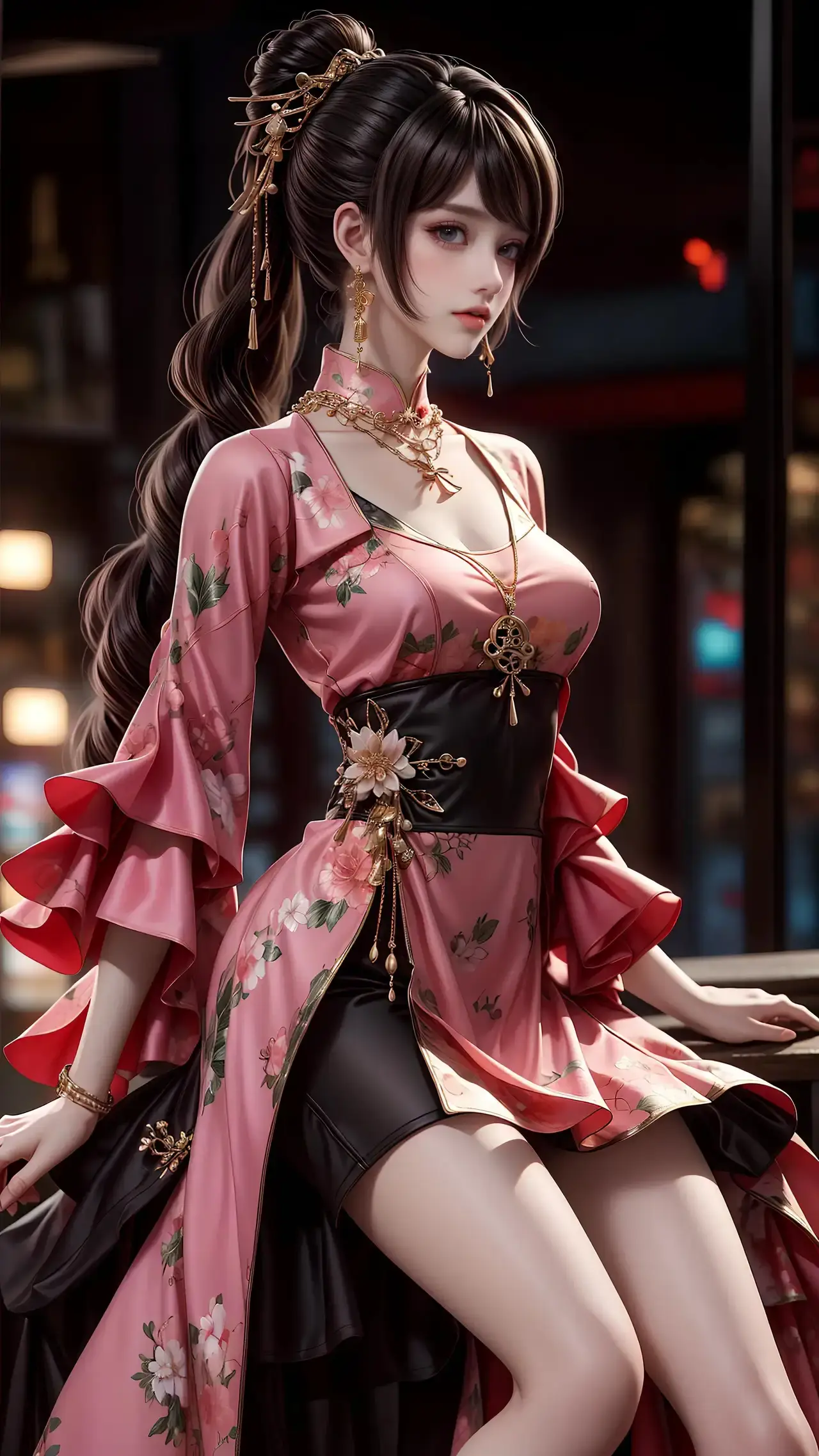 一个穿着粉红色连衣裙摆姿势拍照的女人的特写