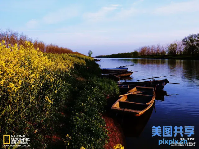 几艘船沿着湖岸排列