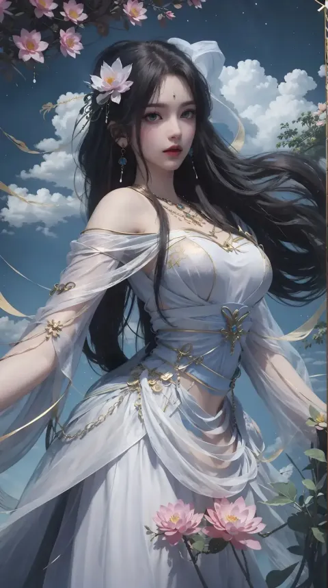 一个穿着白色连衣裙和鲜花的女人的特写