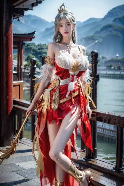身穿红金相间服装的女子摆姿势拍照