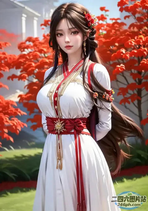 一个身穿白色连衣裙、系着红色腰带的女人的特写