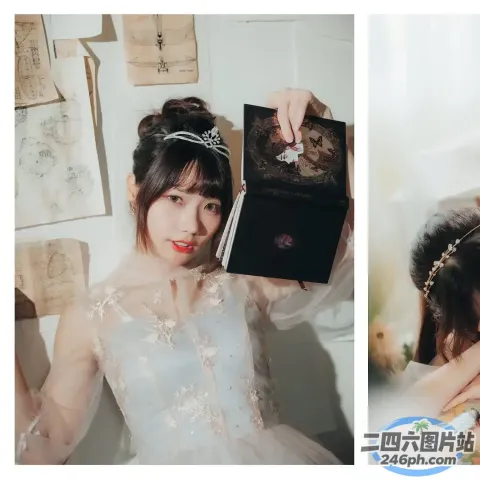 有两张照片，一个穿着婚纱的女人拿着一个盒子