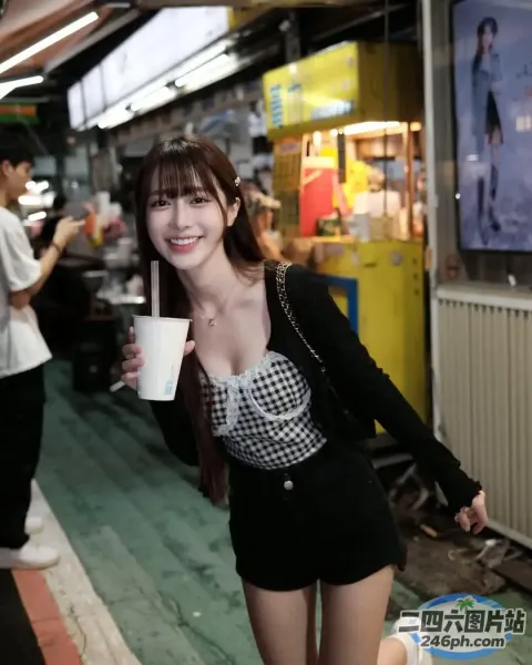 市场里站着一个女人，手里拿着杯子