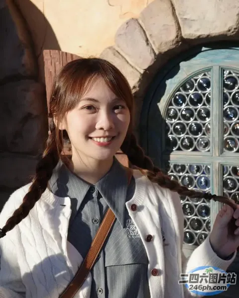 站在石头建筑前的长发女人