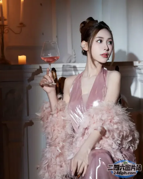 有个女人坐在椅子上，手里拿着一杯酒