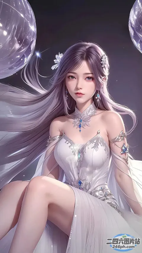 长发动漫女孩坐在带着气球的床上