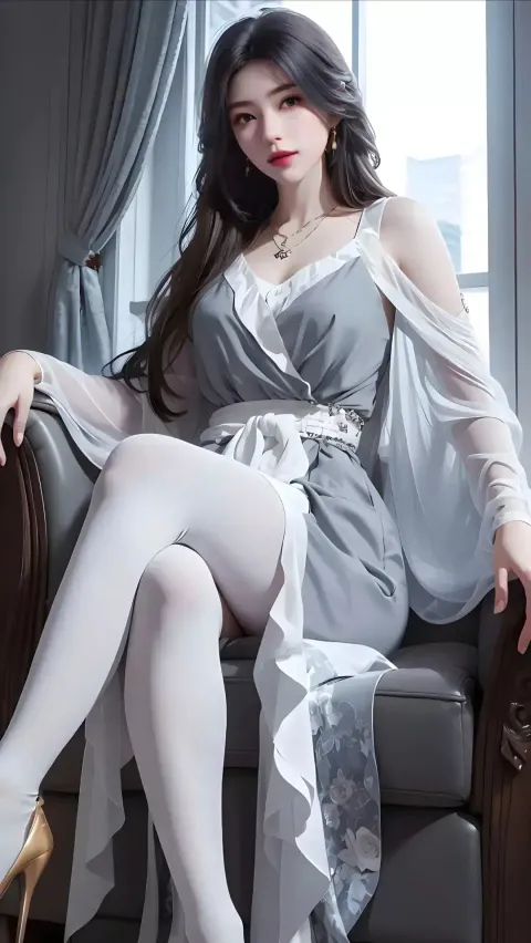坐在椅子上的灰色连衣裙的阿拉夫女人