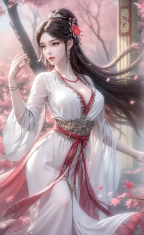 一个穿着白色连衣裙的女人正在穿过一棵树