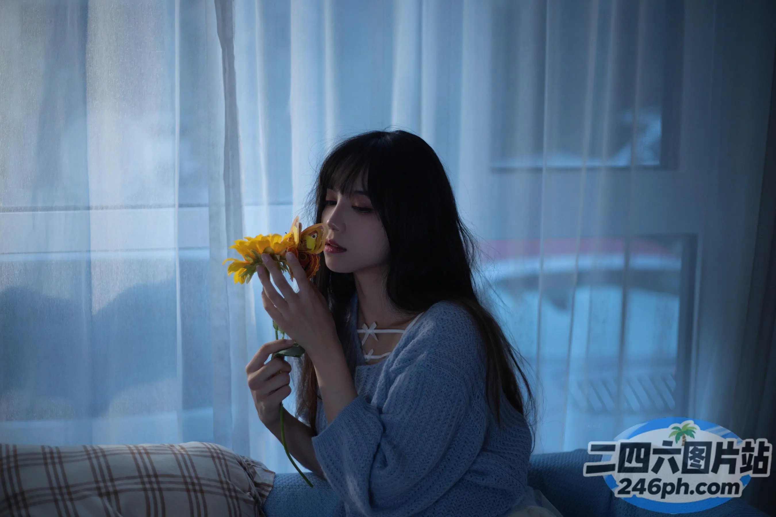阿拉菲女人坐在沙发上，手里拿着一朵花，站在窗前