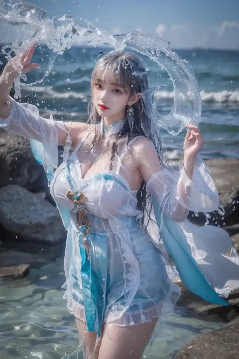 身穿白色连衣裙的阿拉夫女子站在水中
