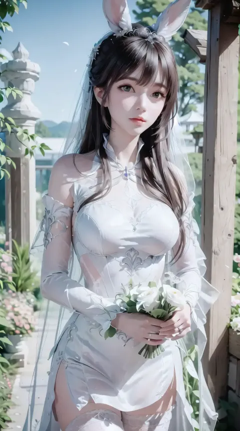 一个穿着白色连衣裙和花束的女人的特写