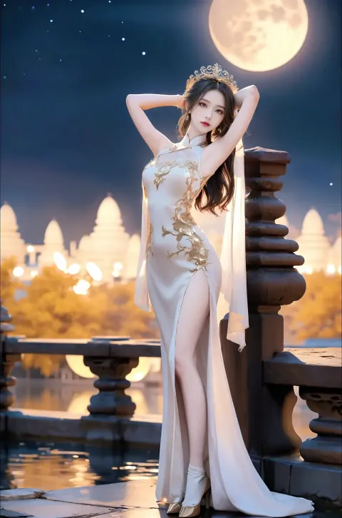 身穿白色连衣裙的阿拉夫女人在满月前摆姿势
