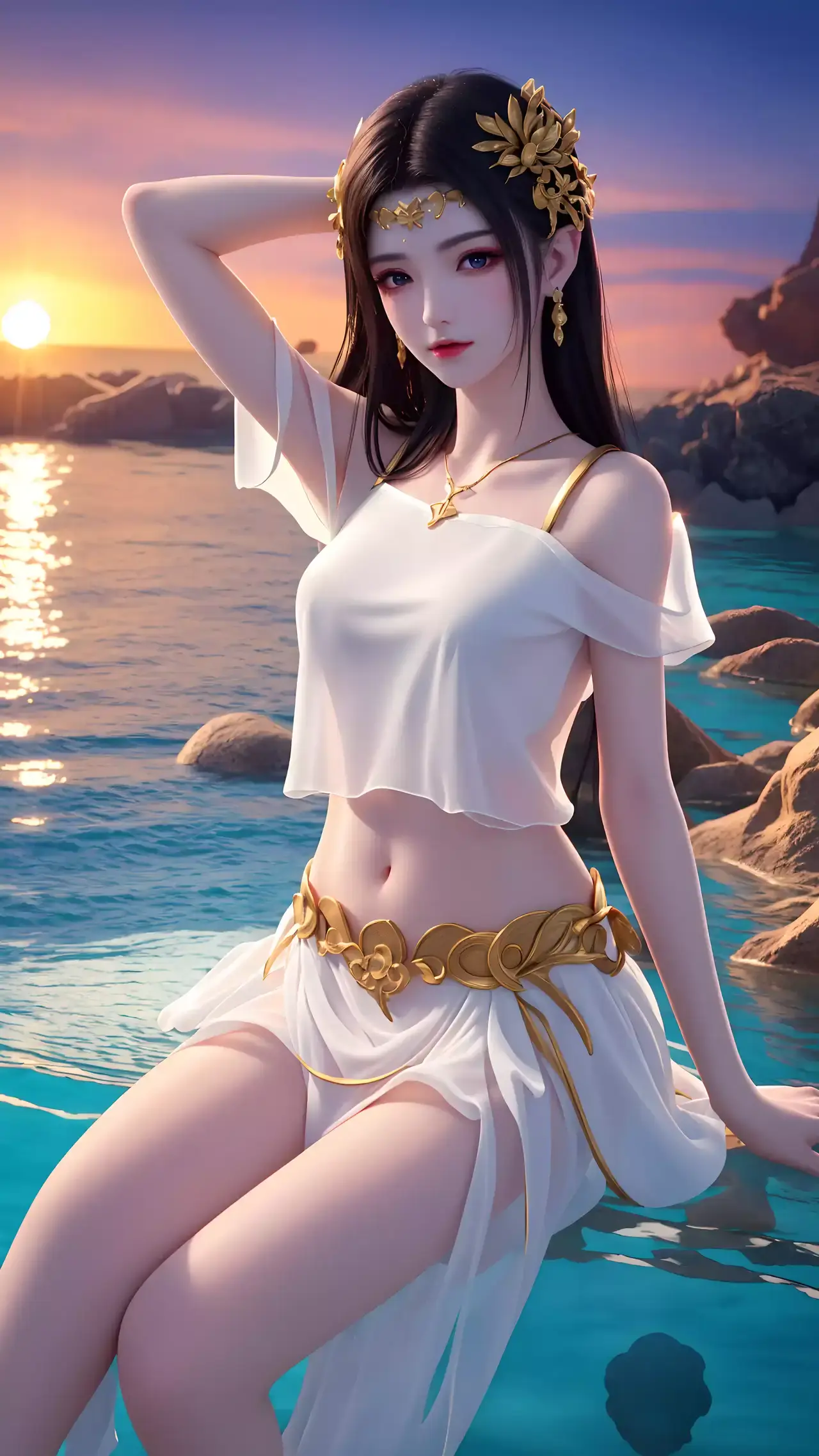 一个穿着白色连衣裙的女人坐在海边的岩石上
