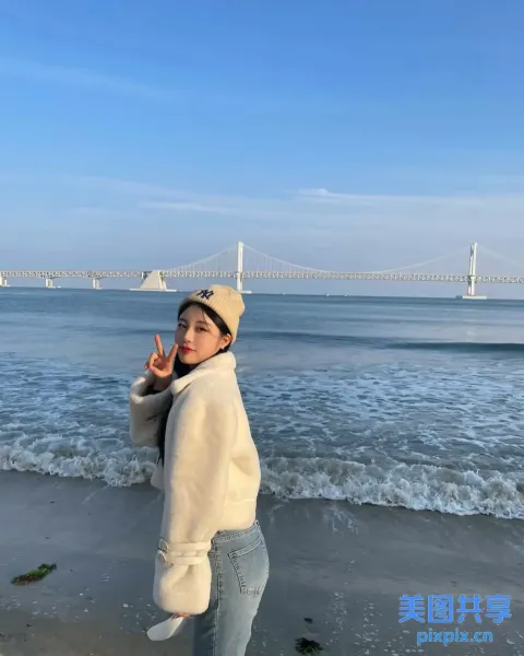 站在海滩上的阿拉费德女人，背景是一座桥