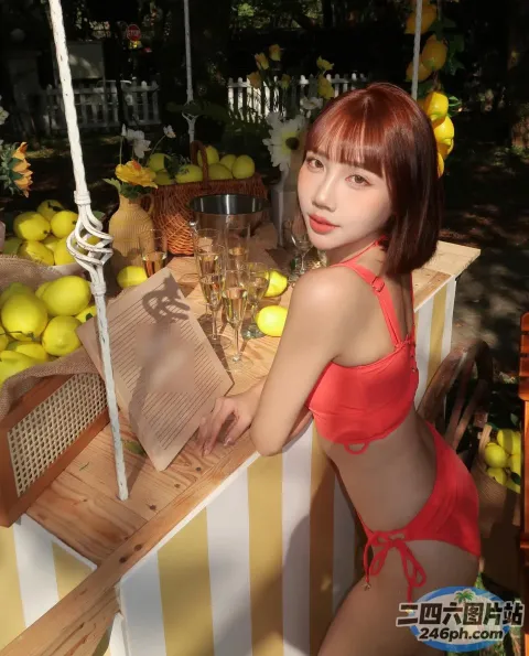 身穿红色比基尼的 araffe 女子在装有柠檬的桌子前摆姿势