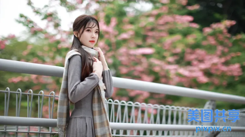 穿着外套和围巾的 araffe 女人站在桥上