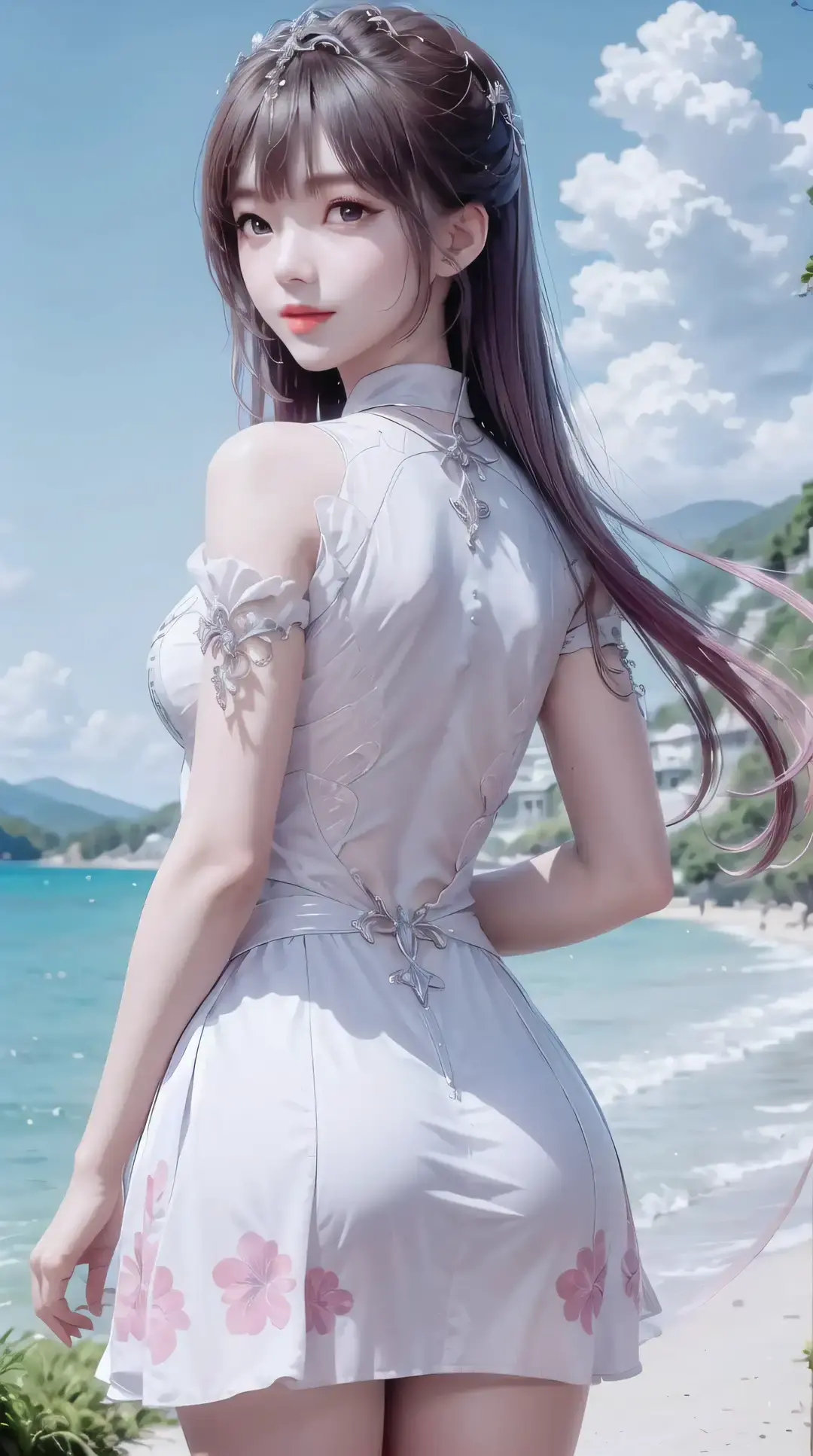 海滩上穿着短裙的女人的特写