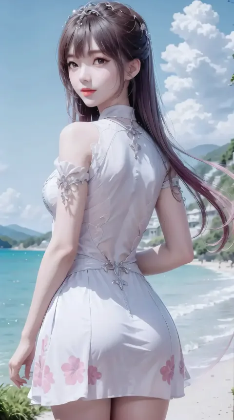 海滩上穿着短裙的女人的特写