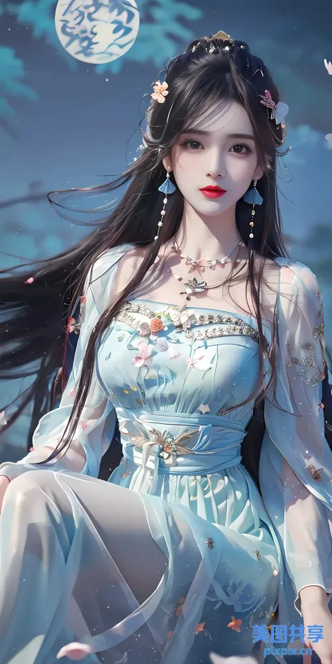 阿拉菲德的蓝色连衣裙女人坐在岩石上的形象