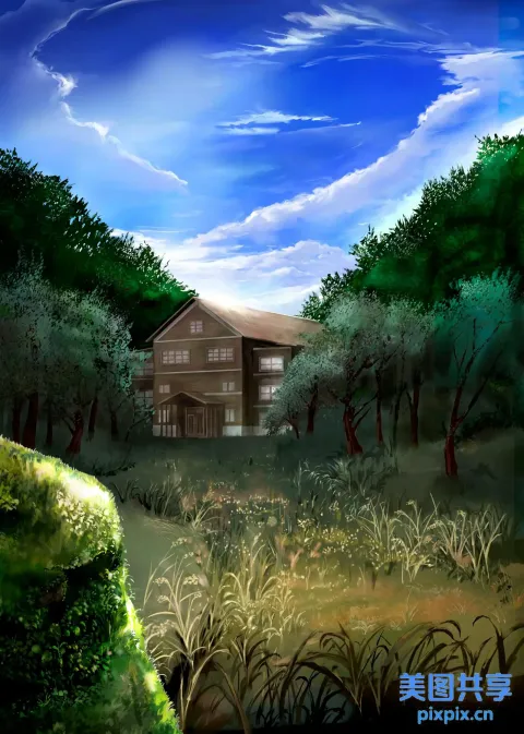 画森林中的房子，有池塘和桥梁