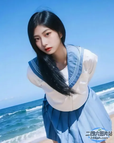 海滩上穿着蓝白连衣裙的女人的特写