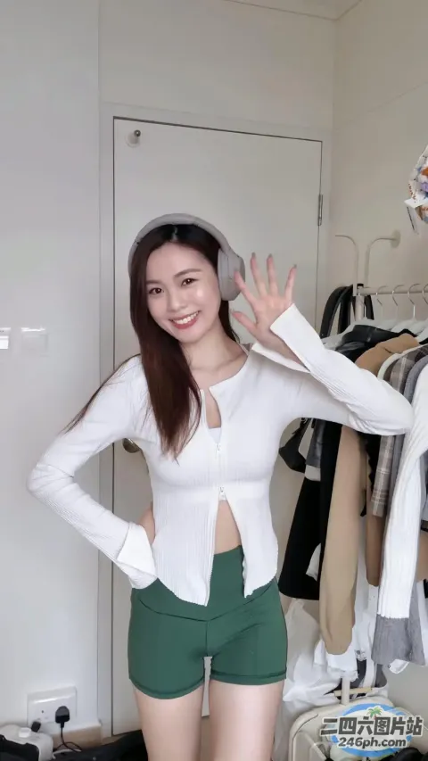 身穿白衬衫和绿色短裤的 arafed 女子合影留念