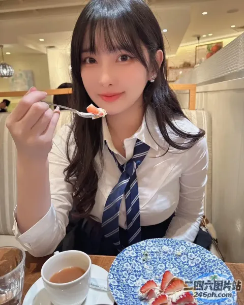 打领带的女人用叉子吃一块蛋糕