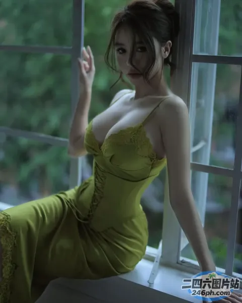 坐在窗台上穿着绿色连衣裙的 Araffe 女子