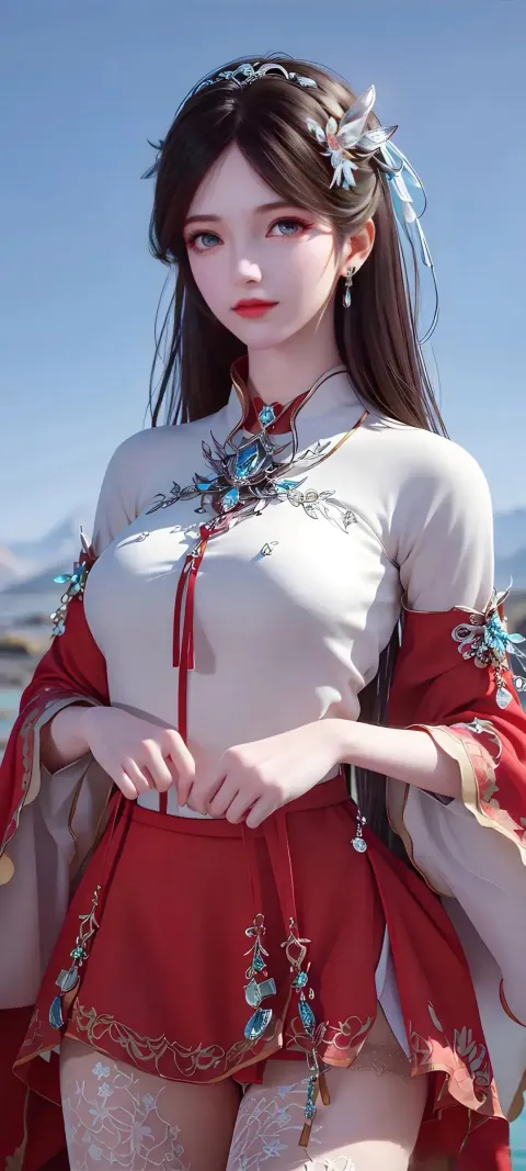 一个身穿红白相间衣服的女人的特写