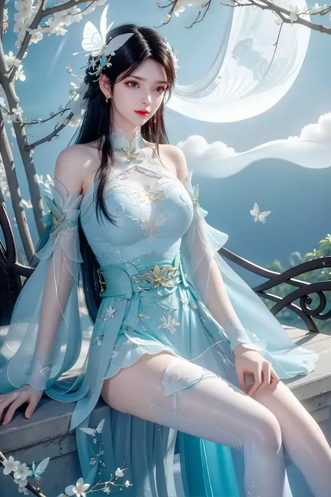 阿拉夫 （Araffe） 身穿蓝色连衣裙的亚洲女人坐在石架上