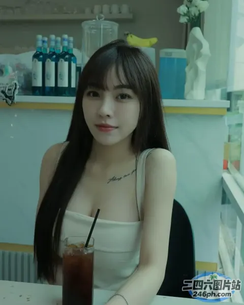一个女人坐在桌子旁喝酒的特写